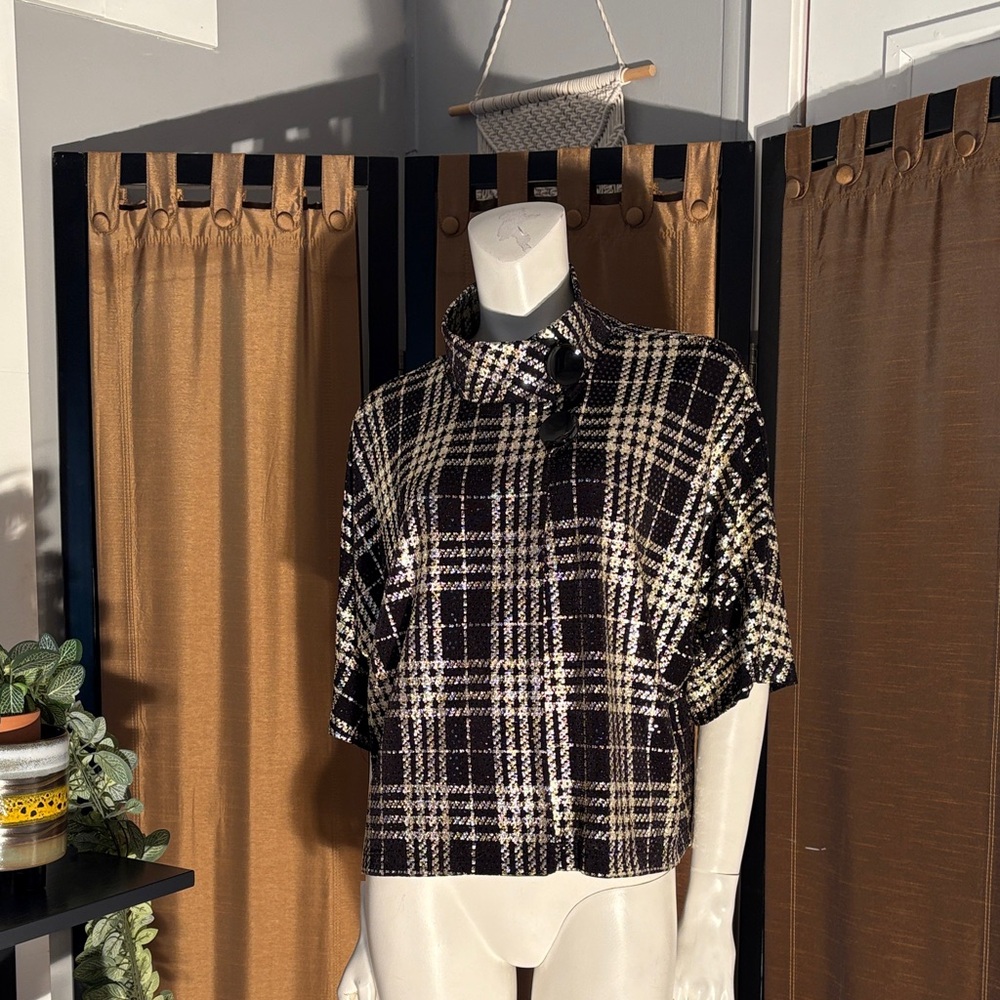 Plaid 3/4 Sleeve Boxy Top - Black and Shiny Gold Glitter